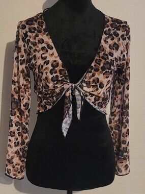 Leopard Tie-Front Long Sleeve Cropped Swim Top, 12Y